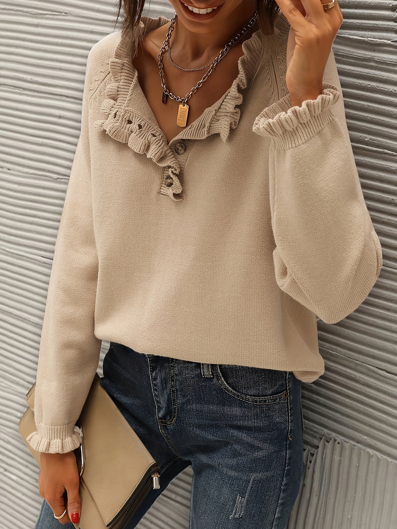 vlovelaw Solid V Neck Button Ruffle Hem Pullover Sweater, Casual Long Sleeve Sweater For Fall & Winter, Women's Clothing