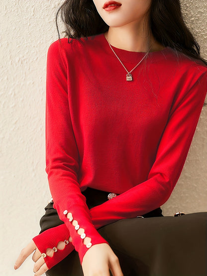 Solid Cut Out Knitted Top, Casual Button Long Sleeve Inner Wear Sweater, Women's Clothing