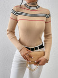 vlovelaw Striped Turtle Neck Pullover Sweater, Casual Long Sleeve Slim Sweater For Fall & Winter, Women's Clothing