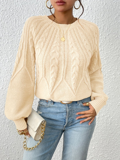 Solid Crew Neck Pullover Sweater, Casual Lantern Sleeve Criss Ruffle Trim Knit Sweater For Fall & Winter, Women's Clothing
