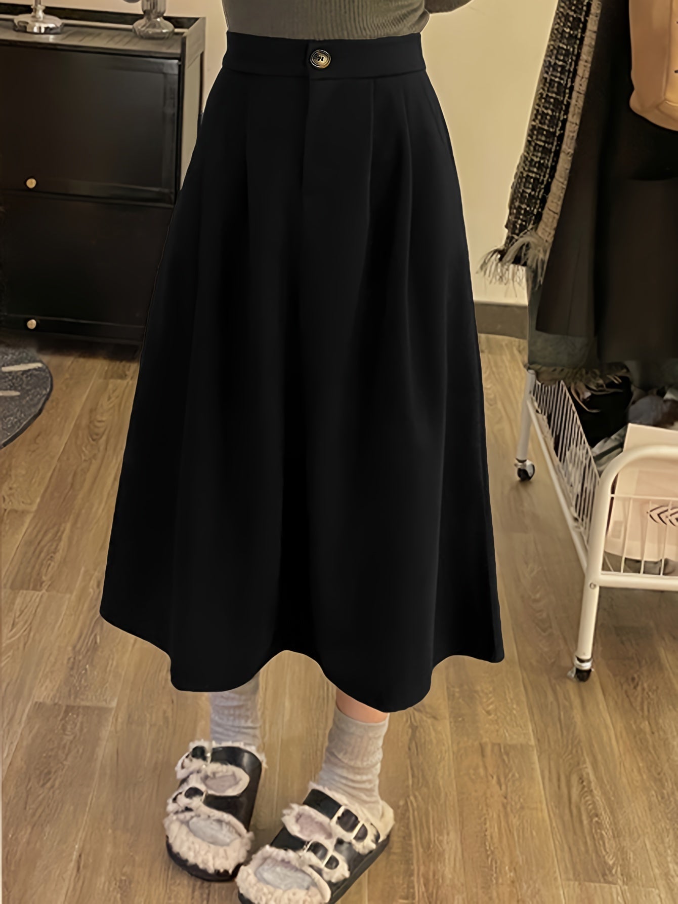 vlovelaw Solid Button Front Ruffle Hem Skirt, Vintage High Waist Skirt For Spring & Fall, Women's Clothing