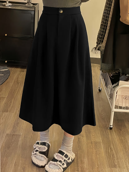 vlovelaw Solid Button Front Ruffle Hem Skirt, Vintage High Waist Skirt For Spring & Fall, Women's Clothing