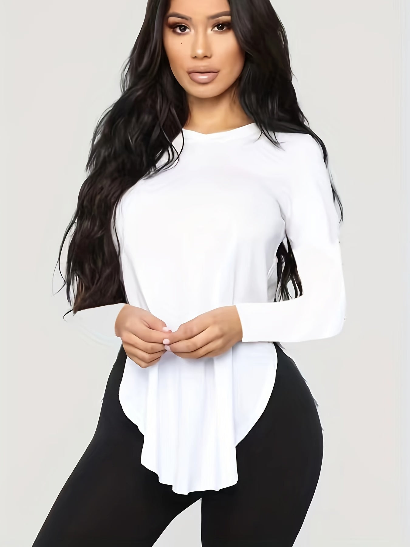 vlovelaw Solid Curved Hem Crew Neck T-Shirt, Casual Long Sleeve Top For Spring & Fall, Women's Clothing