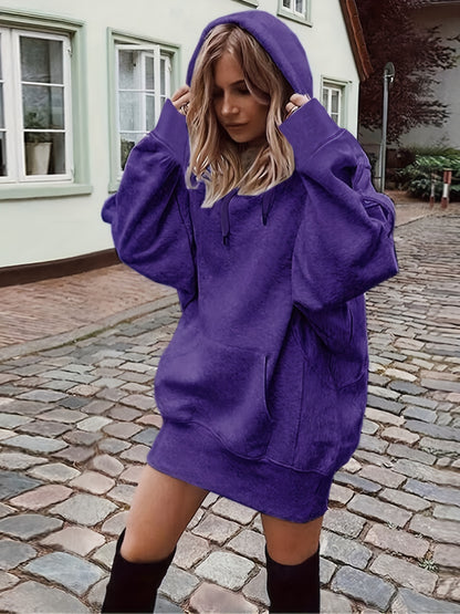 vlovelaw  Solid Color Kangaroo Pocket Hoodie, Casual Long Sleeve Thigh Length Drawstring Hoodie Sweatshirt, Women's Clothing