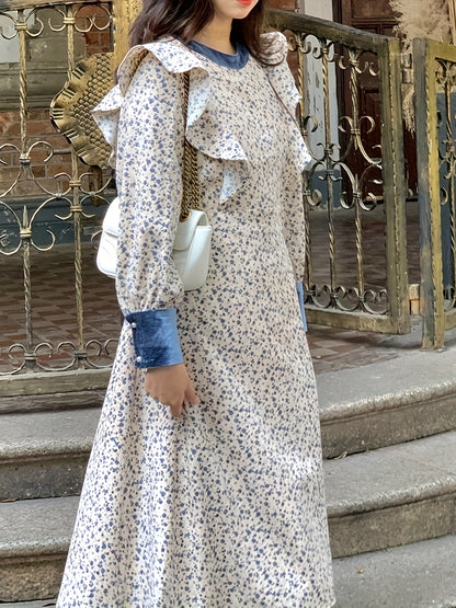vlovelaw  Contrast Trim Allover Print Dress, Elegant Long Sleeve Dress For Spring & Fall, Women's Clothing