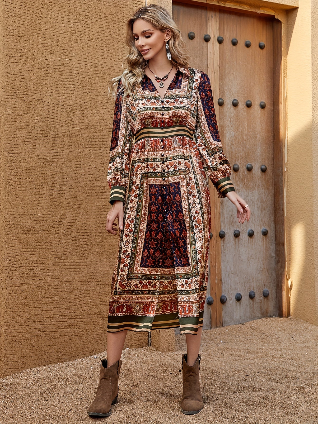vlovelaw Boho Allover Print Button Detail Dress, Vintage V Neck Long Sleeve Dress For Spring & Fall, Women's Clothing