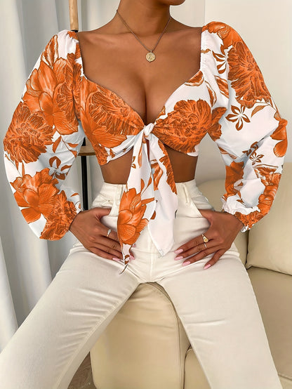 vlovelaw  Floral Print Knot Front Blouse, Elegant Lantern Sleeve Crop Top, Women's Clothing