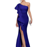vlovelaw  Slant Shoulder Ruffle Trim Dress, Elegant Bodycon Asymmetrical Hem Dress For Party & Banquet, Women's Clothing