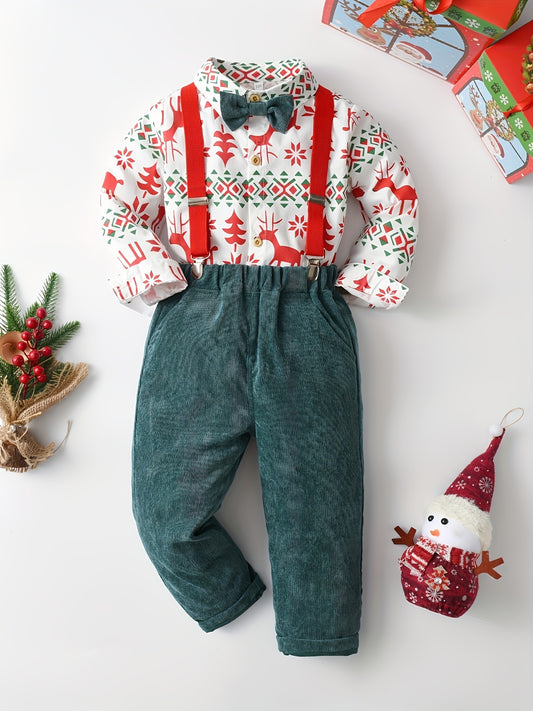 Boy's Christmas Style 2pcs, Bow Tie Shirt & Corduroy Overalls Set, Elk Print Long Sleeve Top, Casual Outfits, Kids Clothes For Spring Fall Winter