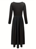 vlovelaw  Solid Crew Neck Button Front Dress, Casual Long Sleeve Ruffle Hem Maxi Dress With Pocket, Women's Clothing