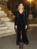 Button Front V Neck Dress, Elegant Solid Long Sleeve Party Dress, Women's Clothing