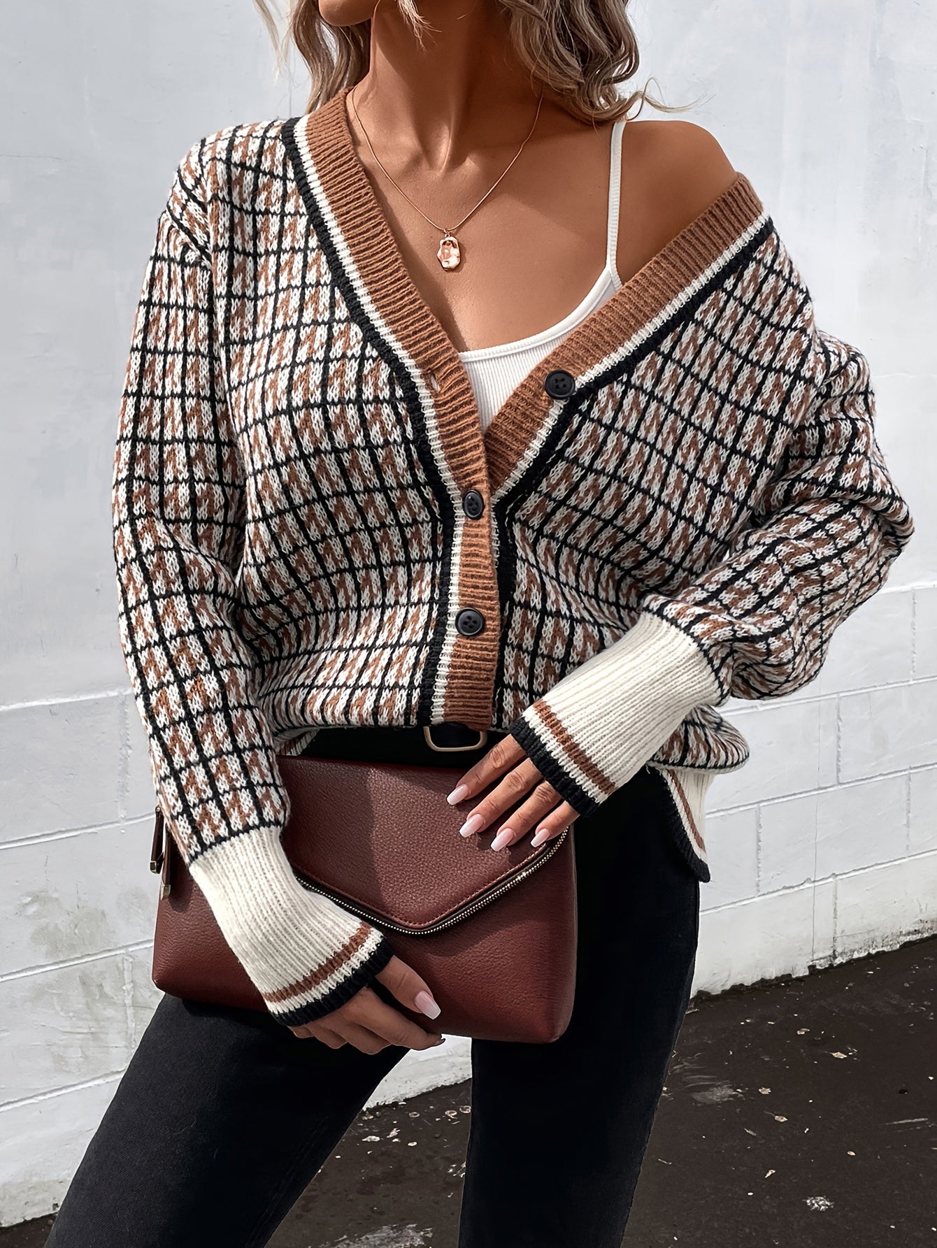 Plaid Pattern Button Knit Cardigan, Vintage V Neck Long Sleeve Sweater, Women's Clothing