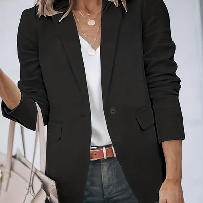 Solid Button Front Blazer, Elegant Lapel Long Sleeve Blazer For Office & Work, Women's Clothing