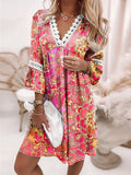 vlovelaw  Floral Print Lace Trim Dress, Vacation 3/4 Sleeve Summer V Neck Midi Dress, Women's Clothing