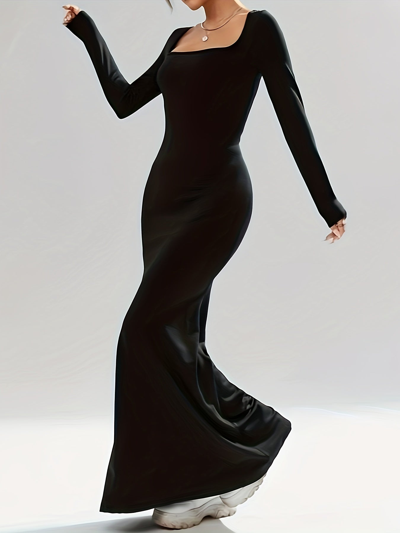 vlovelaw  Maxi Length Mermaid Dress, Solid Color Long Sleeve Square Neck Dress, Women's Clothing