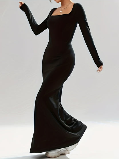 vlovelaw  Maxi Length Mermaid Dress, Solid Color Long Sleeve Square Neck Dress, Women's Clothing