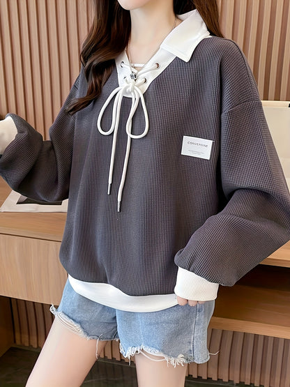 vlovelaw  Color Block Lapel Pullover Sweatshirt, Casual Long Sleeve Crisscross Drawstring Sweatshirt For Fall & Winter, Women's Clothing