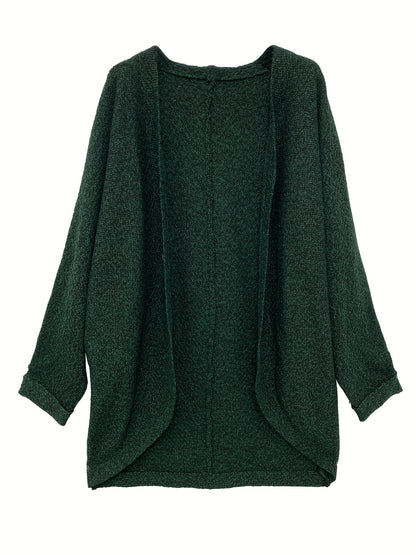 Solid Open Front Knit Cardigan, Casual Batwing Sleeve Mid Length Sweater, Women's Clothing