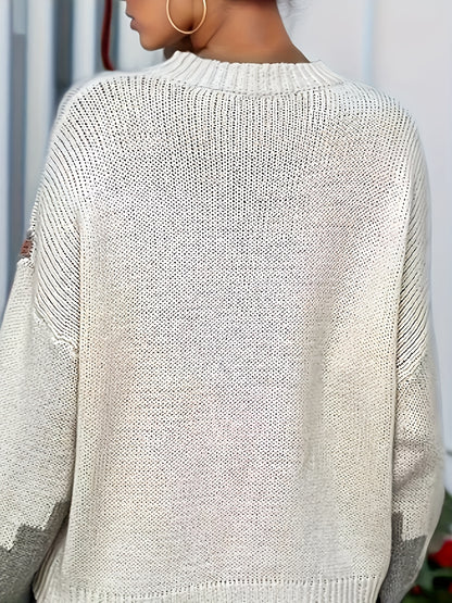 vlovelaw  Color Block Crew Neck Sweater, Casual Long Sleeve Drop Shoulder Sweater, Women's Clothing