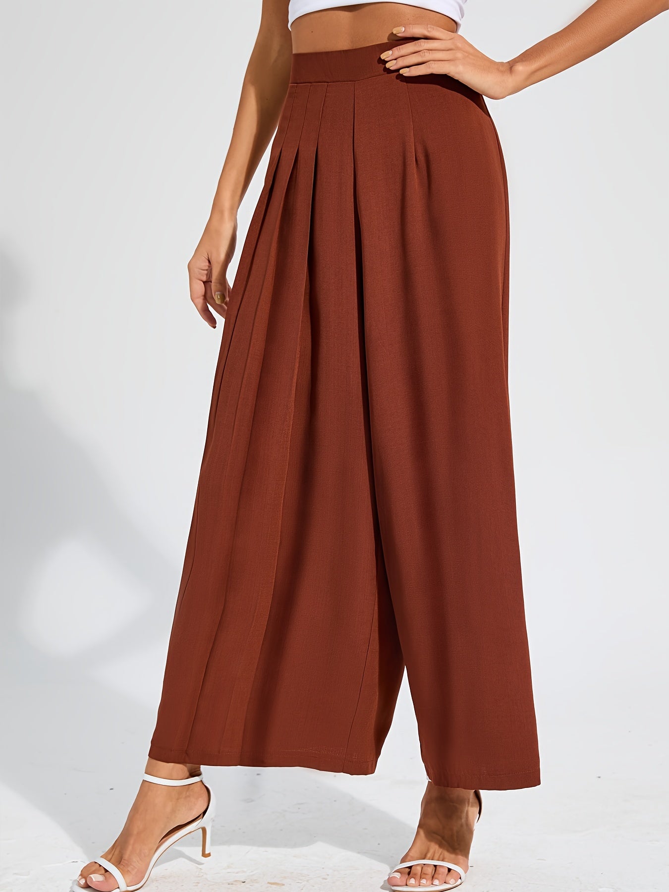 vlovelaw  Solid Pleated Wide Leg Pants, Elegant High Waist Palazzo Pants, Women's Clothing