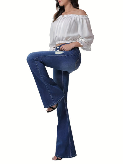 vlovelaw  Blue Double Button Flare Jeans, High Waist Ripped Holes High Stretch Versatile Bell Bottom Jeans, Women's Denim Jeans & Clothing