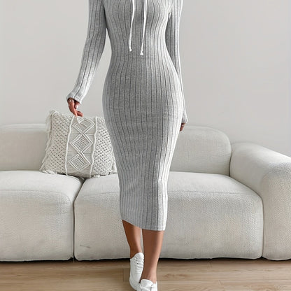 Ribbed Hooded Bodycon Dress, Casual Long Sleeve Drawstring Midi Dress, Women's Clothing