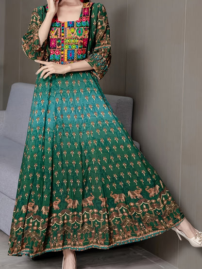 vlovelaw  Ethnic Floral Pattern Maxi Dress, Boho Square Neck 3/4 Sleeve Dress, Women's Clothing