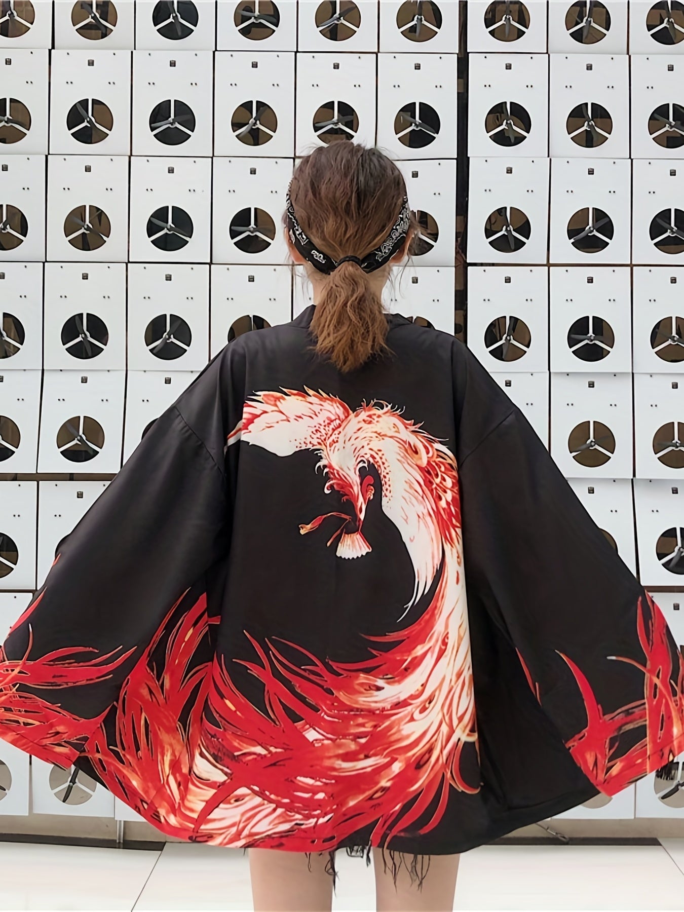 vlovelaw  Phoenix Print Open Front Kimono, Casual Long Sleeve Coat For Spring & Summer, Women's Clothing
