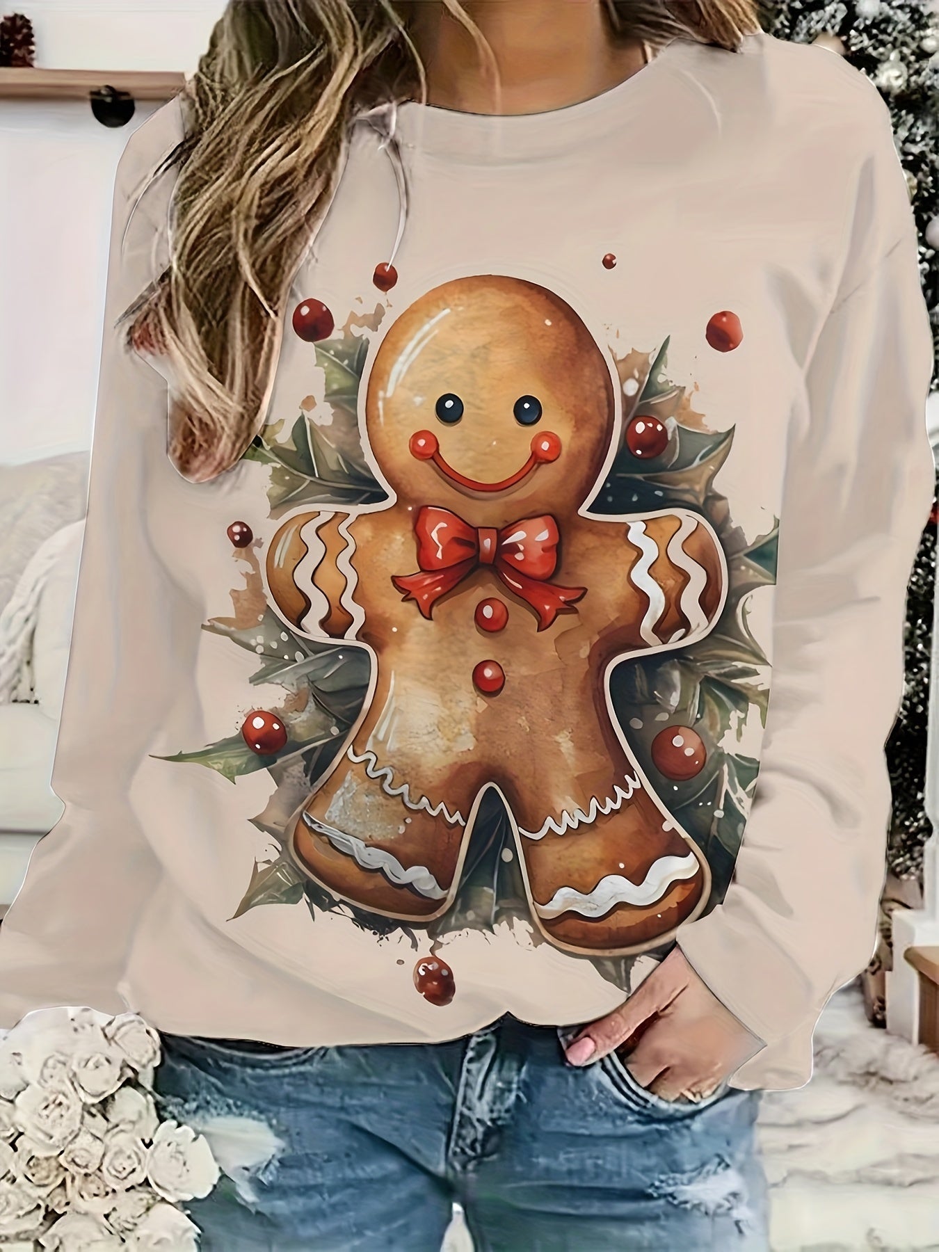 Women's Cute Christmas Gingerbread for Man Print Sweatshirt - Cozy Polyester, Machine Washable, Round Neck Pullover for All Seasons