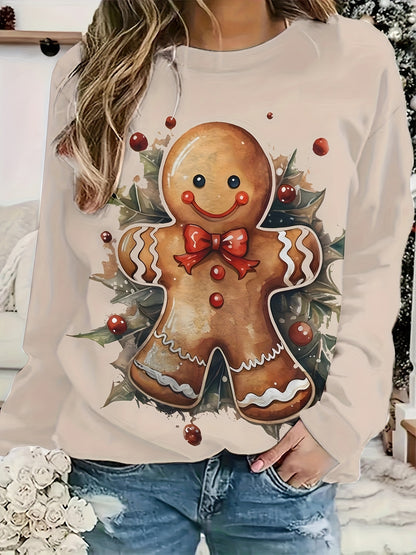 Women's Cute Christmas Gingerbread for Man Print Sweatshirt - Cozy Polyester, Machine Washable, Round Neck Pullover for All Seasons