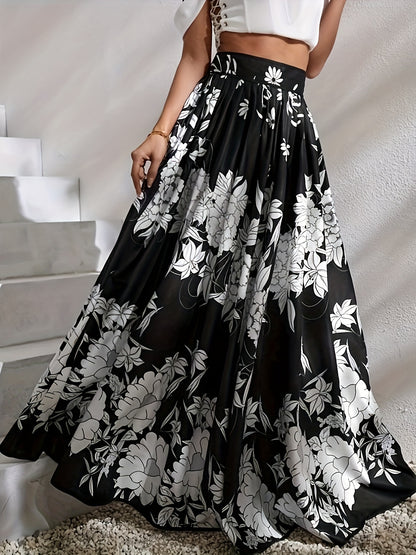 vlovelaw  Floral Print High Waist Flared Skirt, Elegant Big Swing Maxi Skirt, Women's Clothing