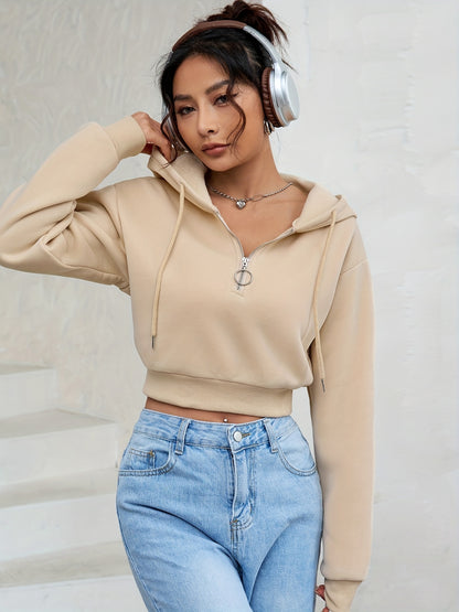 vlovelaw  Solid Half Zip Crop Hoodie, Casual Long Sleeve Drawstring Hoodies Sweatshirt, Women's Clothing