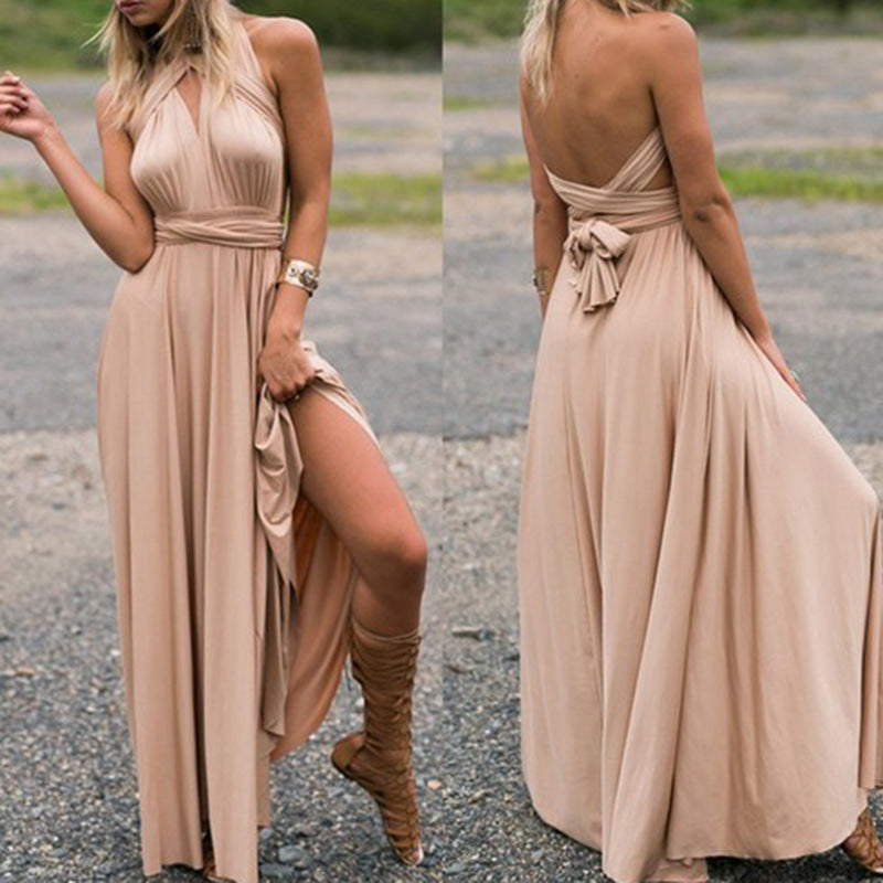 VLOVELAW European and American Hot Multiple Wear Multi-Rope Cross Backless Sexy Bandage One-Piece Dress Long Dress