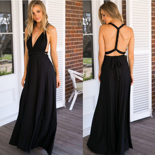 VLOVELAW European and American Hot Multiple Wear Multi-Rope Cross Backless Sexy Bandage One-Piece Dress Long Dress