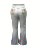 vlovelaw Plus Size Casual Trousers, Women's Plus Denim Print Slight Stretch Contrast Floral Panel Flare Pants