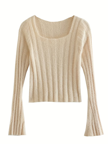 Solid Square Neck Pullover Sweater, Casual Long Sleeve Sweater, Women's Clothing