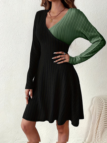vlovelaw  Ribbed Color Block Dress, Elegant Long Sleeve Dress For Spring & Fall, Women's Clothing