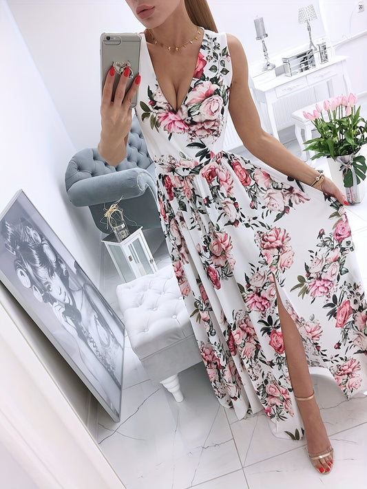 vlovelaw  Vintage Floral Print Dress, Casual Surplice Neck Sleeveless Party Dress, Women's Clothing