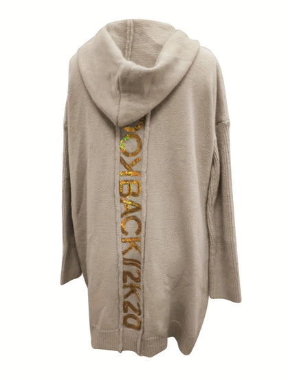 Sequined Letter Open Front Knit Cardigan, Casual Long Sleeve Hooded Sweater Coat With Pocket, Women's Clothing
