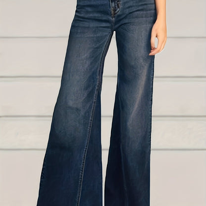 Plus Size Casual Jeans, Women's Plus Washed Button Fly High Stretch High Rise Flared Leg Jeans