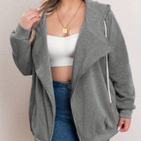 vlovelaw  Plus Size Casual Sweatshirt, Women's Plus Solid Zipper Front Long Sleeve Drawstring Hooded Sweatshirt