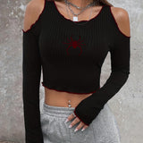 vlovelaw Spider Print Cold Shoulder Tee, Y2K Contrast Trim Long Sleeve Crop Top, Women's Clothing