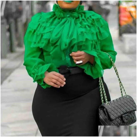 Women'S Blouses Shirts Plain Fal Long Sleeve Women Summer Pink Ruffles Tops Blouse Female Plus Size Office Ol Elegant Lady Mx20040 Dhtcg