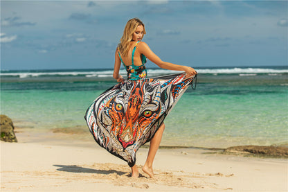 VLOVELAW Animal Print Shawl Skirt Anti-DDoS Skirt Swimsuit Outer Lining Cross Wear Irregular Suspender Skirt