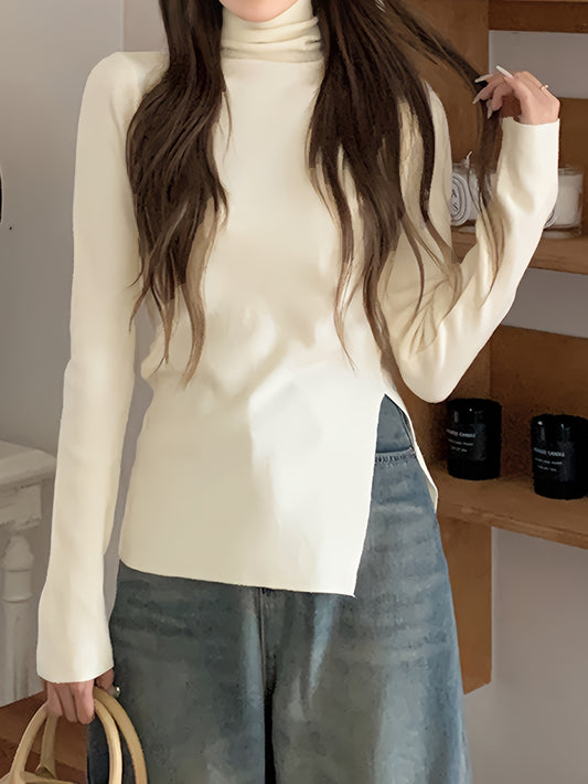 vlovelaw  Split Hem Turtle Neck Sweater, Casual Long Sleeve Sweater For Fall & Winter, Women's Clothing