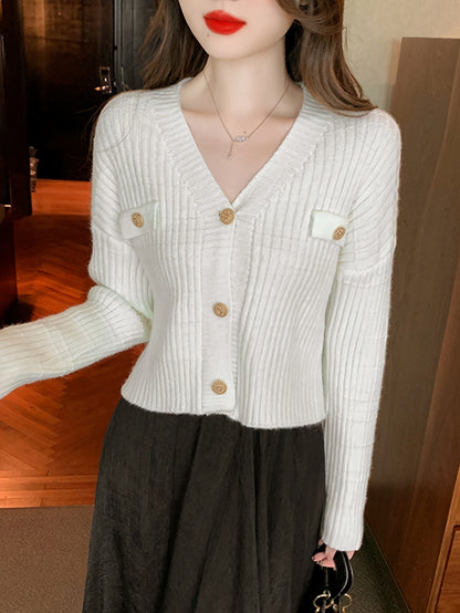Solid Button Rib Knit Cardigan, Casual Long Sleeve Slim Crop Sweater, Women's Clothing