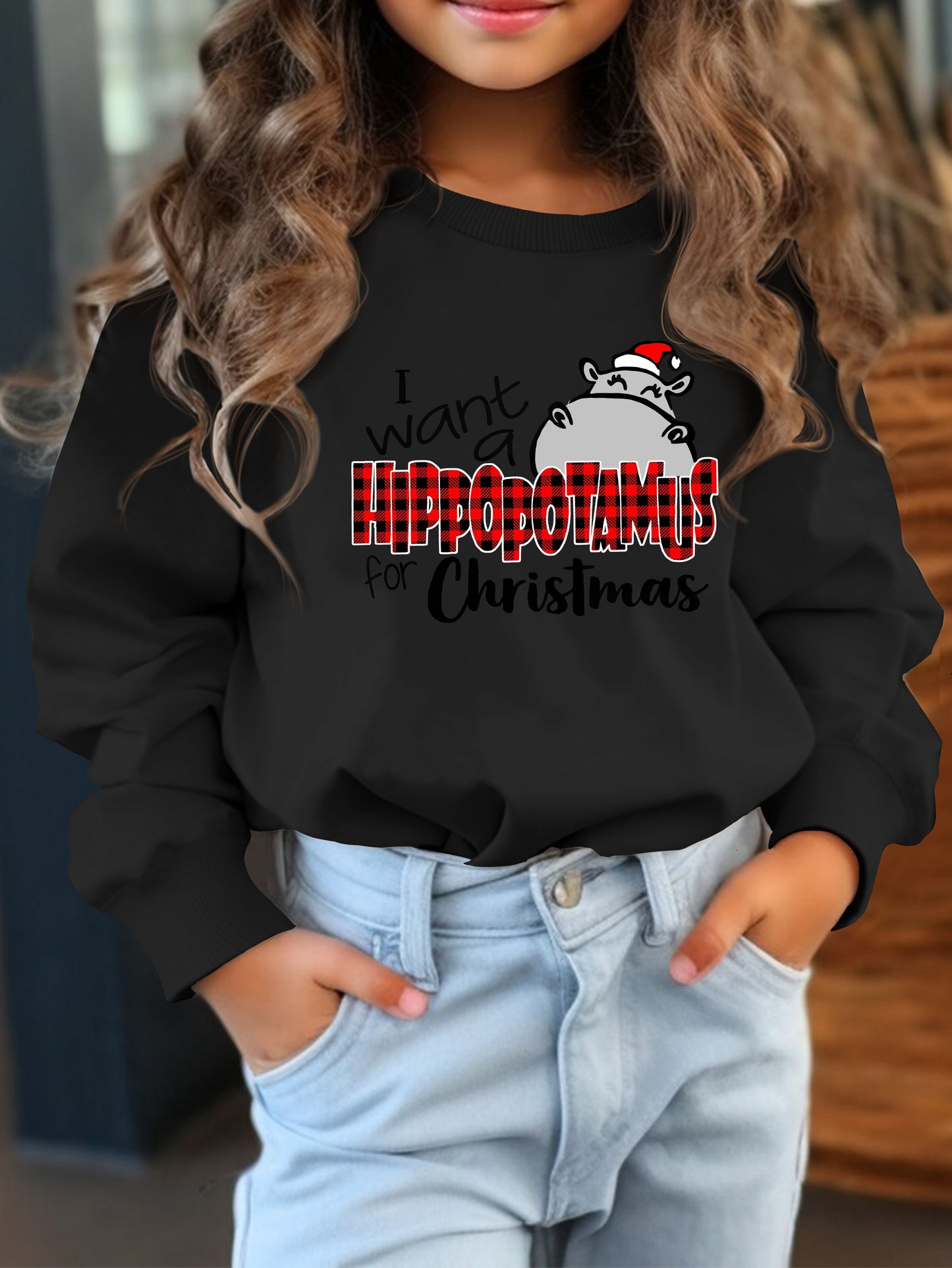Cute Holiday Hippo Print Long Sleeve Sweatshirt for Girls - Soft, Loose-Fit, Casual Kids Clothing Gift - Fun Graphic Tee for Christmas