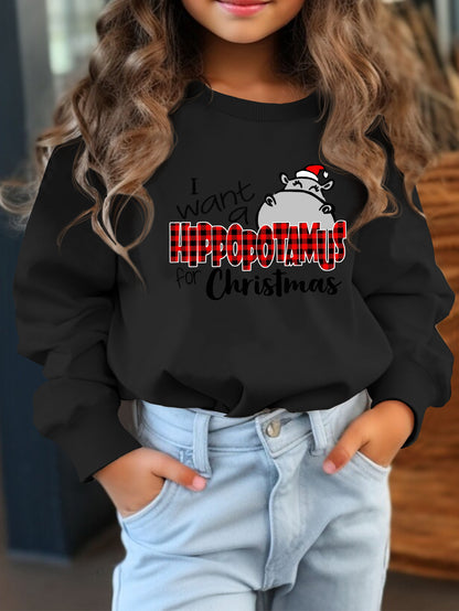 Cute Holiday Hippo Print Long Sleeve Sweatshirt for Girls - Soft, Loose-Fit, Casual Kids Clothing Gift - Fun Graphic Tee for Christmas