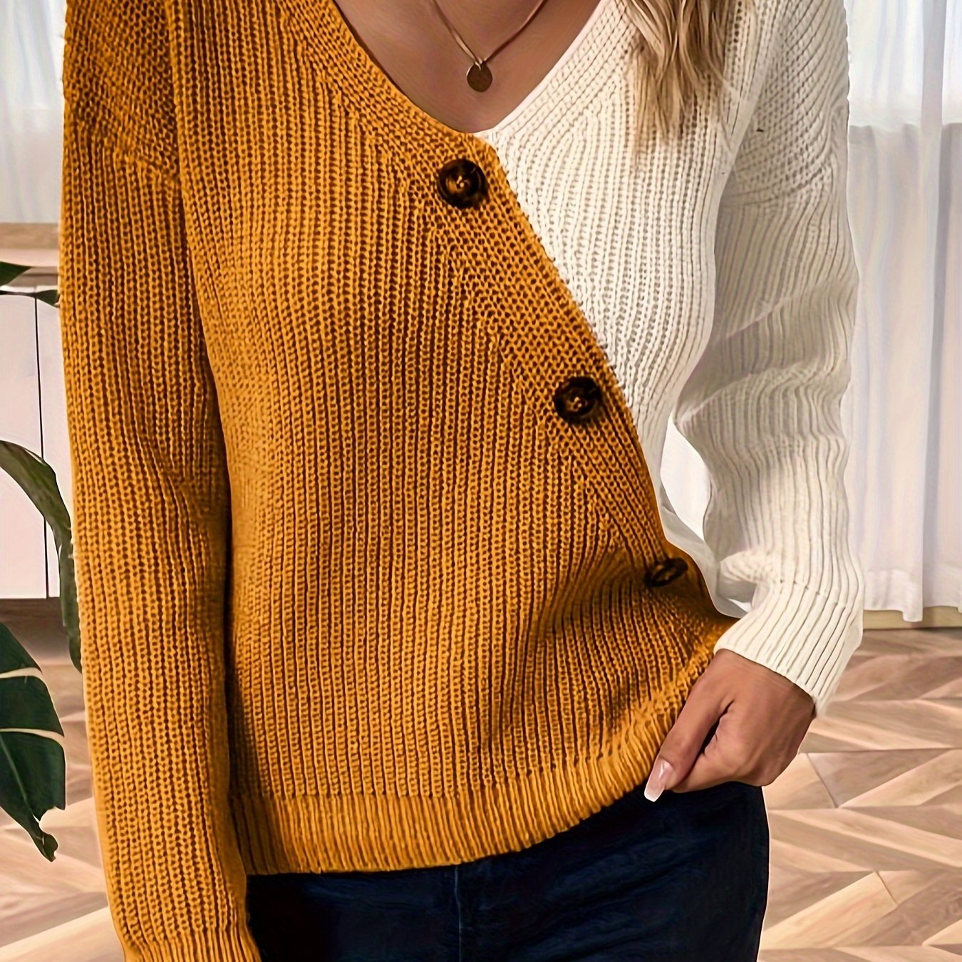 vlovelaw Color Block V Neck Pullover Sweater, Casual Button Long Sleeve Drop Shoulder Sweater, Women's Clothing