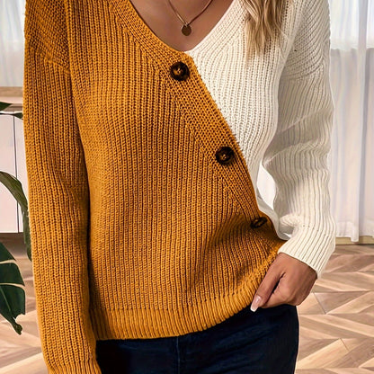 vlovelaw Color Block V Neck Pullover Sweater, Casual Button Long Sleeve Drop Shoulder Sweater, Women's Clothing